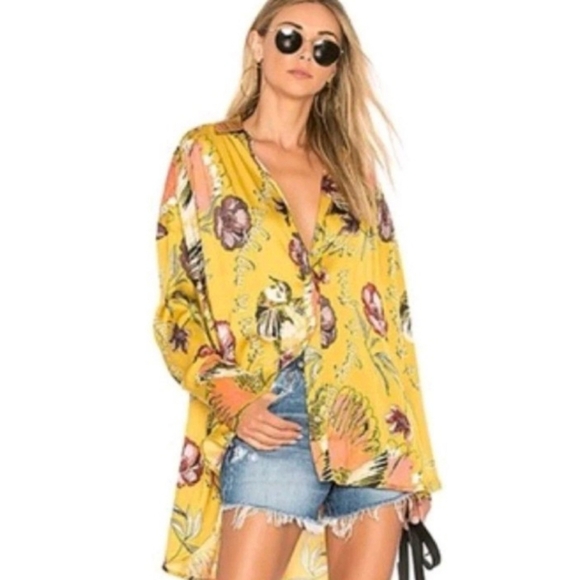 Free People Floral Champ de Fleur Bohemian Tunic Top Oversized Button Down XS - Picture 1 of 11